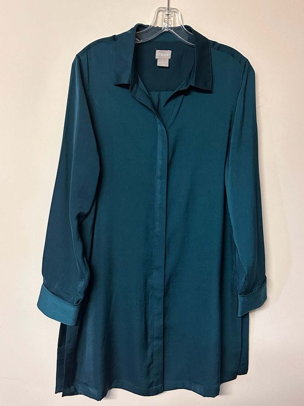 Chico's Long Sleeve Shirt Dress Size 1 US 8/10 Teal Green Button Down